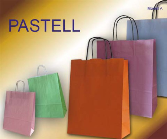 Papiertaschen mit Papierkordel in den Farben hellblau, rosa, pflaume, hellgrün und orange