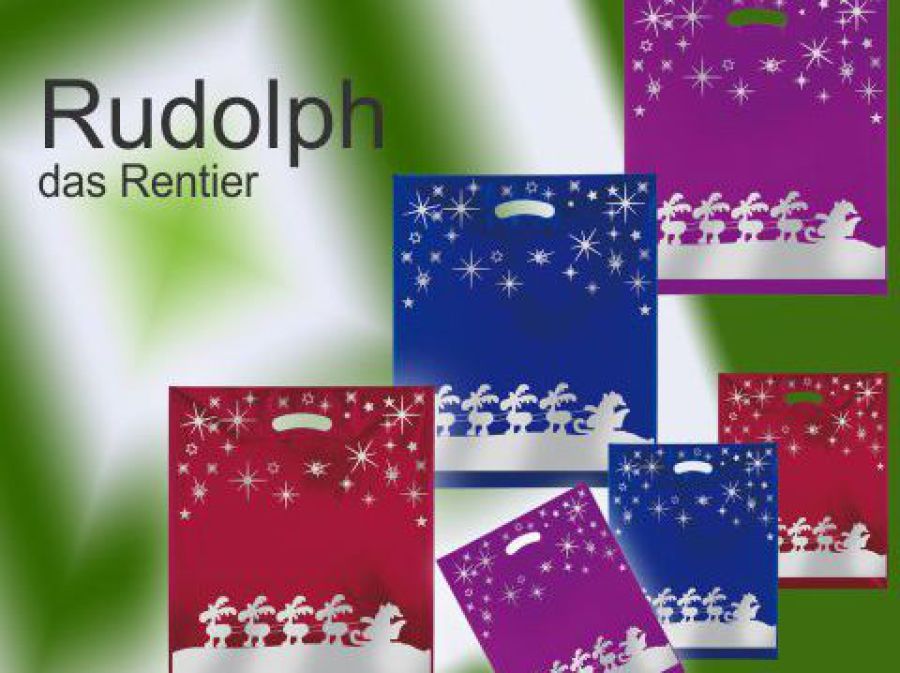 Weihnachtstüten Tropic Rentier aus PE Folie Kunststoff mit Griffloch in dem Farben rot, blau und violett mit rentier in silbe
