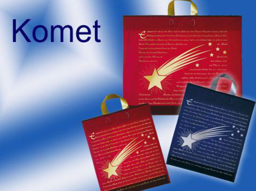 Tragetaschen Weihnachten in Farbe kastanie, rot, blau mit einem Komet und Weihnachtsgruß in gold bzw. silber bedruckt