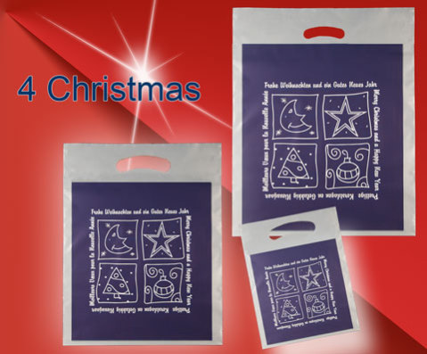 Weihnachtstasche 4 Christmas mit Griffloch bedruckt mit einem Weihnachs mond - stern - Baum- und kugel in blau auf transparenter Tasche