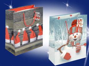 Weihnachtstasche mit Schneemann oder Zipfelmütze - Nikolaus mütze mit roten PP Kordeln