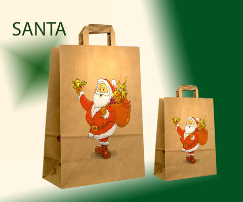 Papiertüten Papiertaschen günstig kaufen in braun mit gefalteten Papiergriffen mit einem Weihnachtsamm der einen Sack trägt bedruckt
