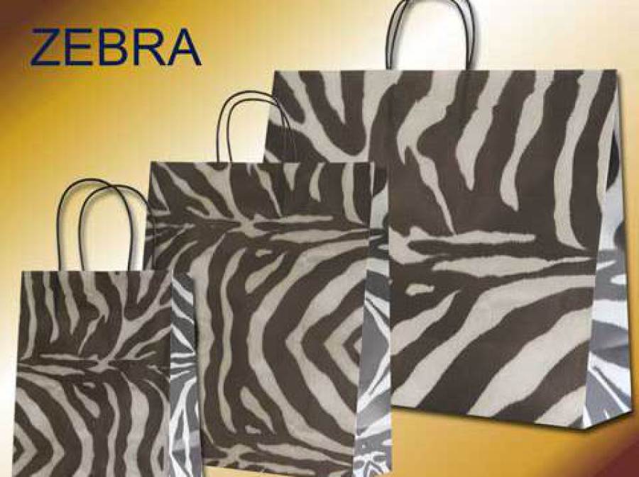 Papiertragetaschen im Zebra Design mit schwarzen Papierkordeln
