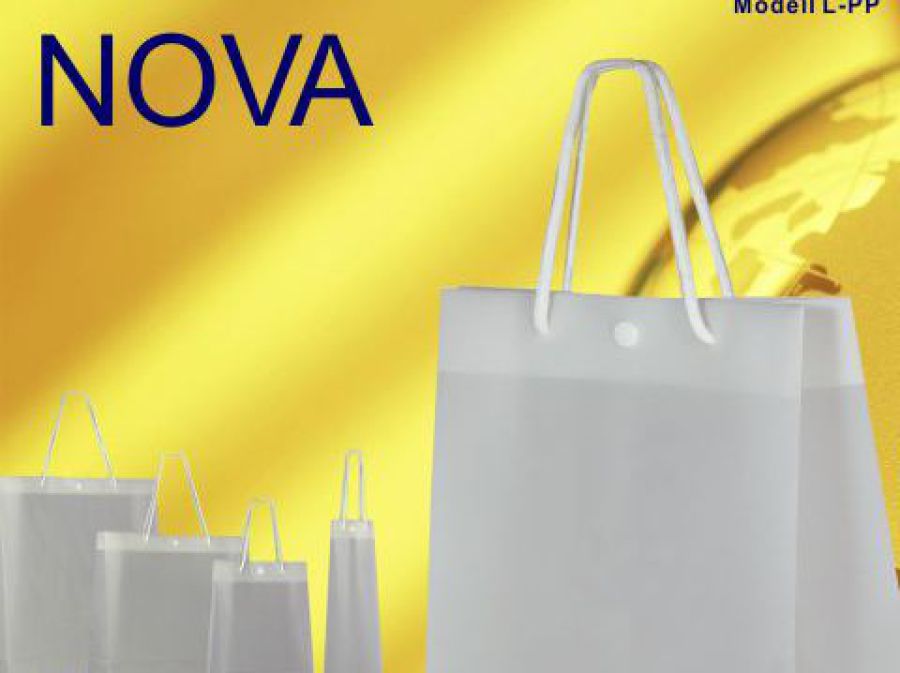 Exklusive Kunststofftaschen weiß transparent mit Druckknopf Druckverschluss und Kordeln aus Baumwolle in Taschenfarbe