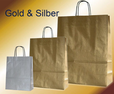Papiertaschen gold oder silber mit Papierkordel in schwarz